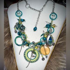 Lucite Glass Blue Green Enamel Mix Beaded Silver tone Chunky Eclectic Necklace